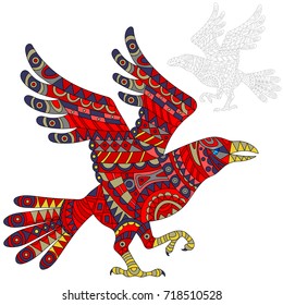 Illustration of abstract red raven, bird and painted its outline on white background , isolate