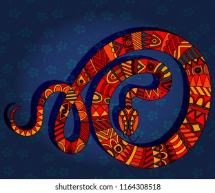 Illustration with abstract red snake on a dark blue floral background