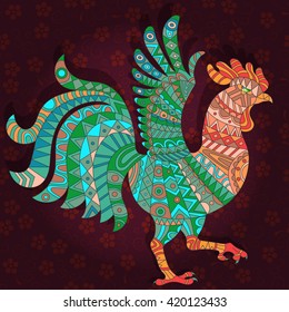Illustration with abstract rooster on a dark floral background