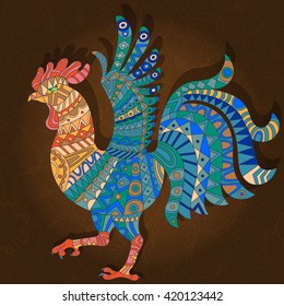 Illustration with abstract rooster on a dark floral background