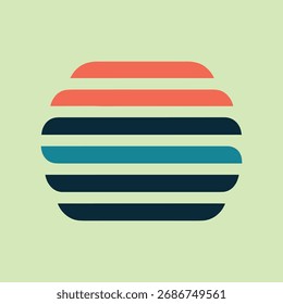 Ilustração de forma arredondada abstrata com listras horizontais em vermelho, azul escuro e azul escuro em um plano de fundo verde claro