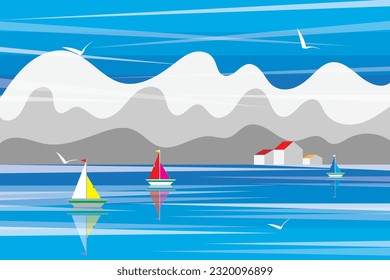 Illustration abstract of sailing boat on the lake with mountain and blue sky background.
