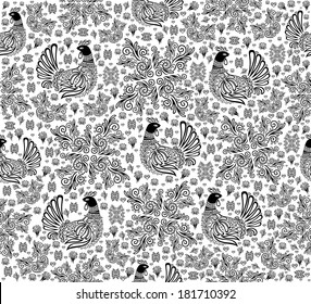 Illustration of abstract seamless pattern with birds and floral ornament