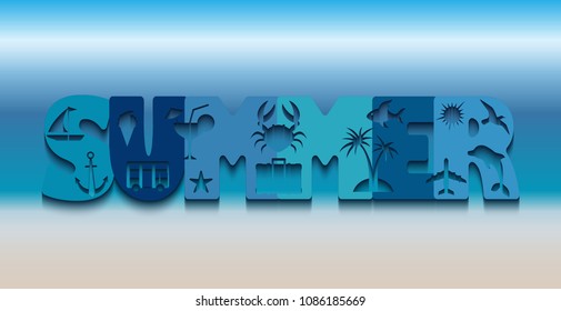 Illustration of abstract seashore background with summer symbol lettering