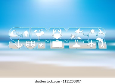 Illustration of abstract seashore background with summer symbol lettering