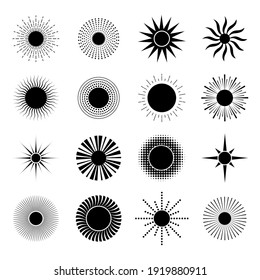 Ilustración de un conjunto abstracto de sol negro sobre un fondo blanco.