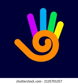 Illustration of Abstract Simple Colored Hand with Five Fingers, and Spiral Design Element on Dark Background