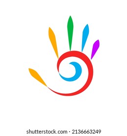 Illustration of Abstract Simple Colored Hand with Five Fingers, and Spiral Design Element on White