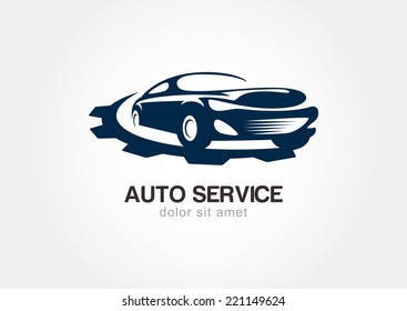 Illustration of abstract sport car with gears cogs. Vector logo design template. Concept for automobile repair service, spare parts store.
