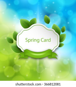 Illustration Abstract Spring Card with Eco Green Leaves and Ribbon on Glowing Background - Vector
