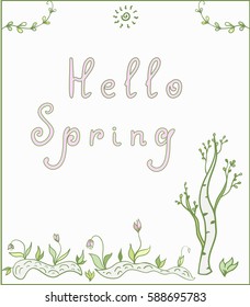Illustration  of  abstract spring tree and flowers.