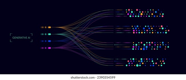 Illustration of abstract stream with cyan and blue line, dot, circle. Big data, technology, AI, machine learning, generative AI, large language model background