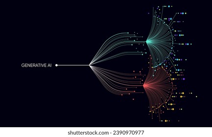 Illustration of abstract stream with cyan and blue line, dot, circle. Big data, technology, AI, machine learning background