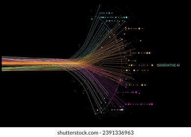 Illustration of abstract stream with cyan and blue line, dot, circle. Big data, technology, AI, machine learning background