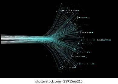 Illustration of abstract stream with cyan and blue line, dot, circle. Big data, technology, AI, machine learning background