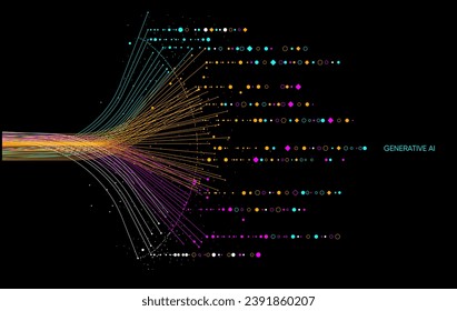 Illustration of abstract stream with cyan and blue line, dot, circle. Big data, technology, AI, machine learning background