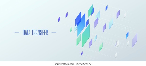 Illustration of abstract stream with cyan and blue line, dot, circle. Big data, technology, AI, machine learning background