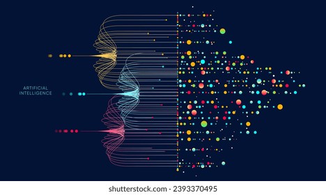 Ilustración de flujo abstracto con línea cian y azul, punto, círculo. Grandes datos, tecnología, IA, aprendizaje automático