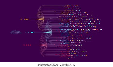 Ilustración de flujo abstracto con línea cian y azul, punto, círculo. Grandes datos, tecnología, IA, aprendizaje automático
