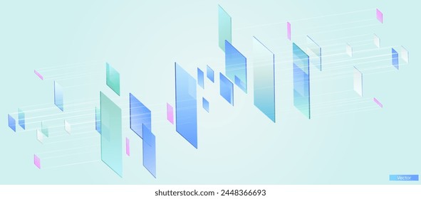 Illustration of abstract stream with cyan and blue line, dot, circle. Big data, technology, AI, machine learning background