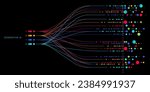 Illustration of abstract stream information with cyan, blue, red and orange line and dot. Big data, technology, AI, data transfer, data flow, generative ai, large language model background