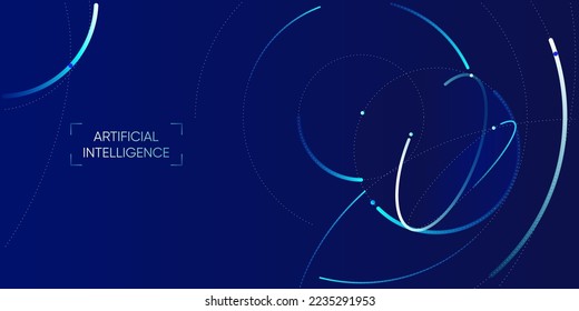 Illustration of abstract stream information with cyan and blue line, dot, circle. Big data, technology, AI background