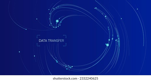 Illustration of abstract stream information with cyan and blue line and dot. Big data, technology, AI, data transfer, data flow background