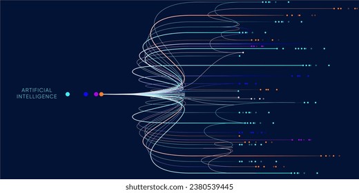 Illustration of abstract stream information with cyan and blue line and dot. Big data, technology, AI, data transfer, data flow, generative ai, large language model background