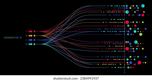Illustration of abstract stream information with cyan, blue, red and orange line and dot. Big data, technology, AI, data transfer, data flow, generative ai, large language model background