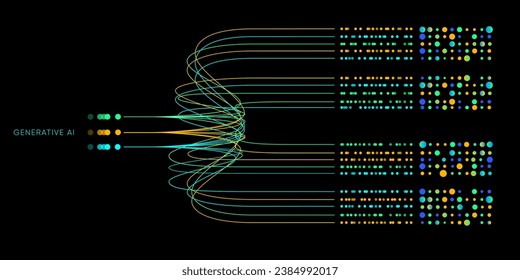 Illustration of abstract stream information with cyan, blue, red and orange line and dot. Big data, technology, AI, data transfer, data flow, generative ai, large language model background