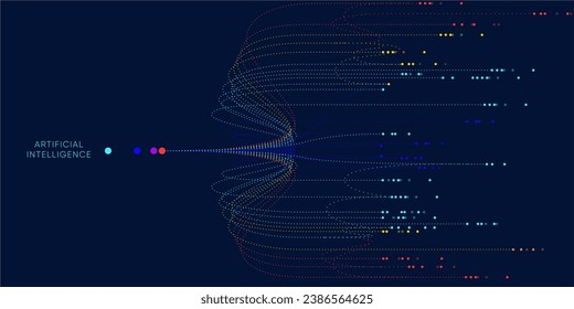 Ilustración de información abstracta de la secuencia con línea y punto cian, azul, rojo y naranja. Grandes datos, tecnología, IA, transferencia de datos, flujo de datos, modelo de lenguaje grande, IA generativa.