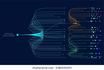 Illustration of abstract stream information with cyan, blue, red and orange line and dot. Big data, technology, AI, data transfer, data flow, large language model, generative AI.