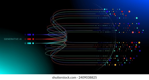 Illustration abstrakter Streaminformationen mit türkiser, blauer, roter und orangefarbener Linie und Punkt. Big Data, Technology, AI, Datenübertragung, Datenfluss, generative AI, Hintergrund eines großen Sprachmodells