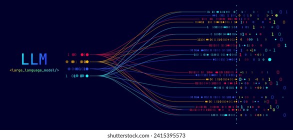 Illustration of abstract stream information with cyan, blue, red and orange line and dot. Big data, technology, AI, data transfer, data flow, large language model, generative ai