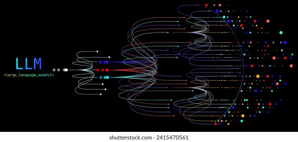 Illustration abstrakter Streaminformationen mit türkiser, blauer, roter und orangefarbener Linie und Punkt. Big Data, Technology, AI, Datenübertragung, Datenfluss, großes Sprachmodell, generative ai