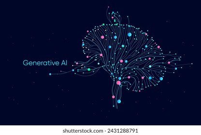 Illustration of abstract stream information with cyan, blue, red and orange line and dot. Big data, technology, AI, data transfer, data flow, generative ai, large language model, ai brain background