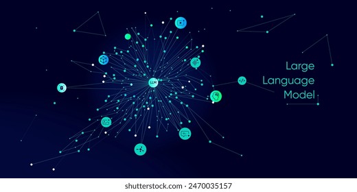 Illustration of abstract stream information with cyan line and dot. Big data, technology, AI, data transfer, data flow, large language model, generative ai