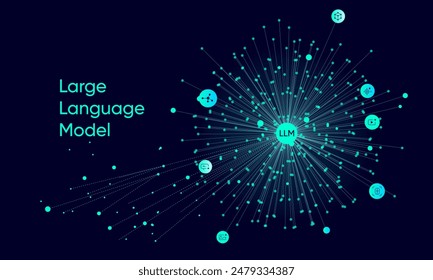 Illustration of abstract stream information with cyan line and dot. Big data, technology, AI, data transfer, data flow, large language model, generative ai