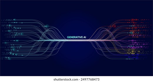 Ilustración de información abstracta de flujo con línea y punto cian, azul, rojo y naranja. Big data, tecnología, IA, transferencia de datos, flujo de datos, modelo de lenguaje Grande, IA generativa. Concepto binario