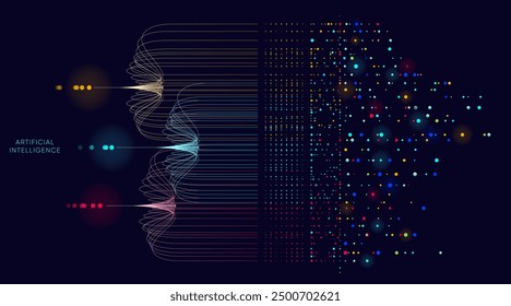 Illustration of abstract stream information with cyan line and dot. Big data, technology, AI, data transfer, data flow, large language model, generative ai