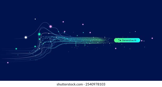 Illustration of abstract stream information with cyan line and dot. Big data, technology, AI, data transfer, data flow, large language model, generative ai