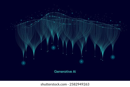 Illustration of abstract stream information with cyan line and dot. Big data, technology, AI, data transfer, data flow, large language model, generative ai