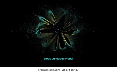 Illustration of abstract stream information with cyan, blue, red and orange line and dot. Big data, technology, AI, data transfer, data flow, large language model, generative ai