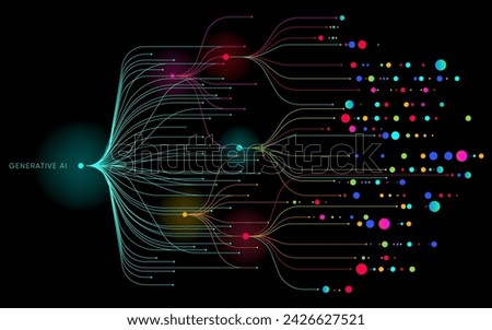 Illustration of abstract stream information with cyan, blue, red and orange line and dot. Big data, technology, AI, data transfer, data flow, large language model, generative ai
