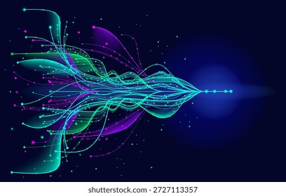 Illustration abstrakter Stream-Informationen. Generieren Sie Bild, Video aus Prompt Konzept. Big Data, Technologie, KI, Datentransfer, Datenfluss, generative KI, großes Sprachmodell, KI-Hintergrund