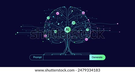 Illustration of abstract stream information. Generate image, video from prompt concept. Big data, technology, AI, data transfer, data flow, generative ai, large language model, ai brain background