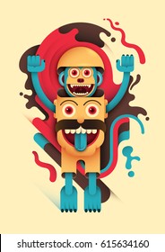 Illustration with abstract style composition, made of bizarre human head and comic monkey. Vector illustration.