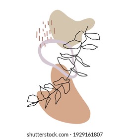 Illustration in abstract style with doodle eucalyptus branch and shapes