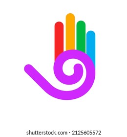 Illustration of Abstract Stylized Colored Hand with Five Fingers, and Spiral Design Element on White Backdrop