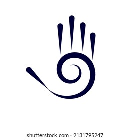 Ilustración de mano estilizada abstracta con cinco dedos y elemento de diseño espiral en blanco